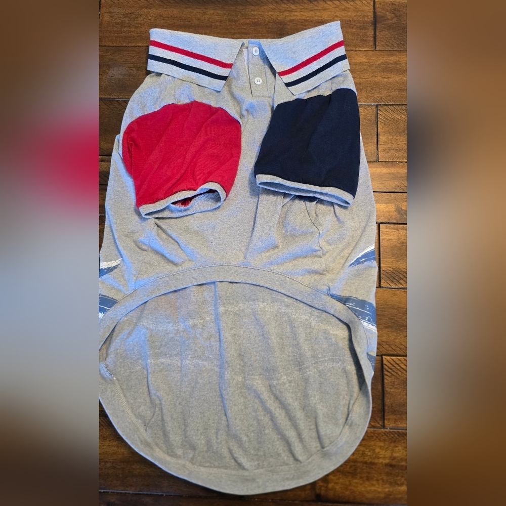 Stylish Gray Dog Polo Shirt with Red and Blue Accents